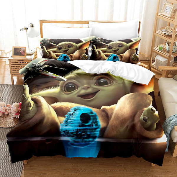 Mas5 Master Yoda 3D Printet Sengesæt Dynebetræk Quilt Betræk Pudebetræk Børnegave UK SINGLE 135x200cm