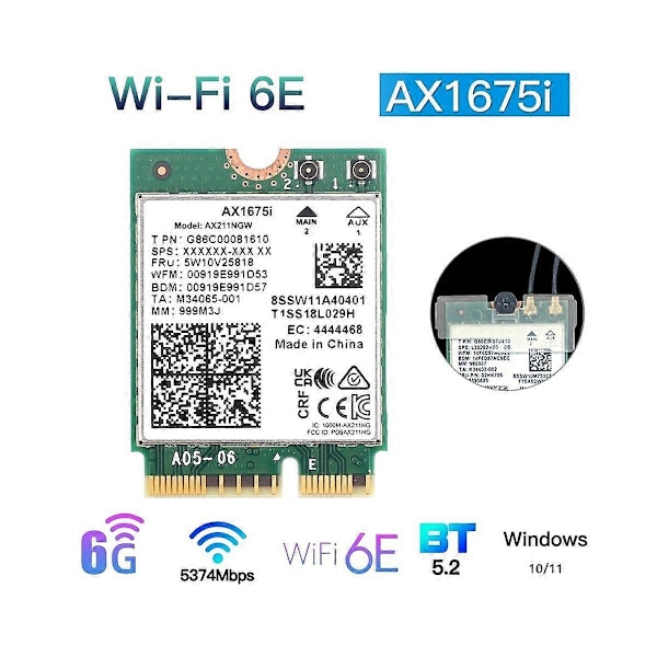 AX1675I WIFI-kort+Med 8DB Antenn WiFi 6E M.2 Key E CNVio 2 Band 2.4G/5G/6Ghz Trådlöst Kort AX211