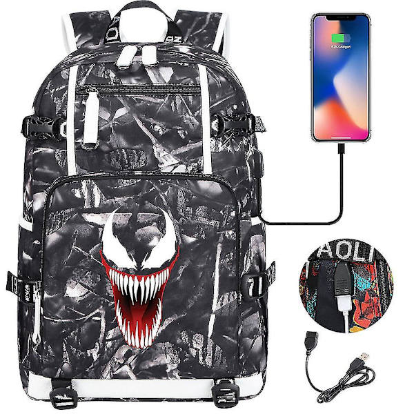 Venom Fashion Printet USB Ungdoms Skoletaske (1-4) Color-12
