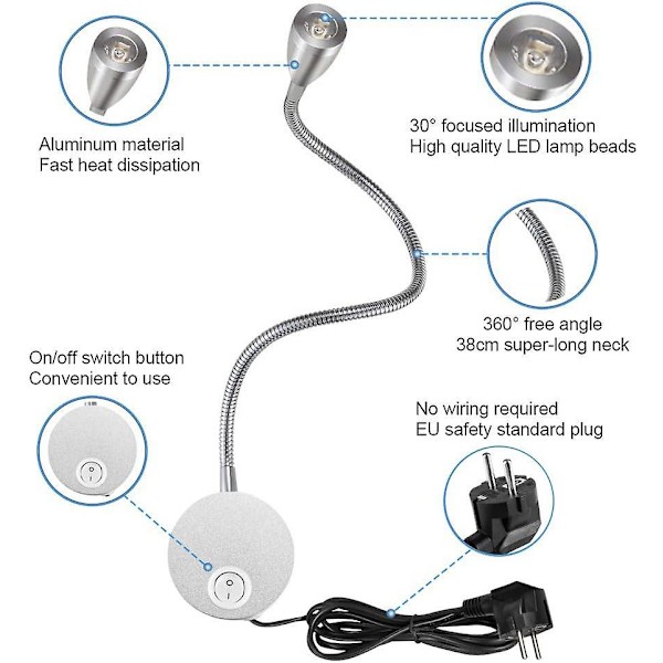 Läslampa Väggmontering LED Sänglampa Touch Switch Dimbar Svanhalslampa Sängläslampa 3w Stark Nattbelysning Läslampa Med Strömbrytare För B