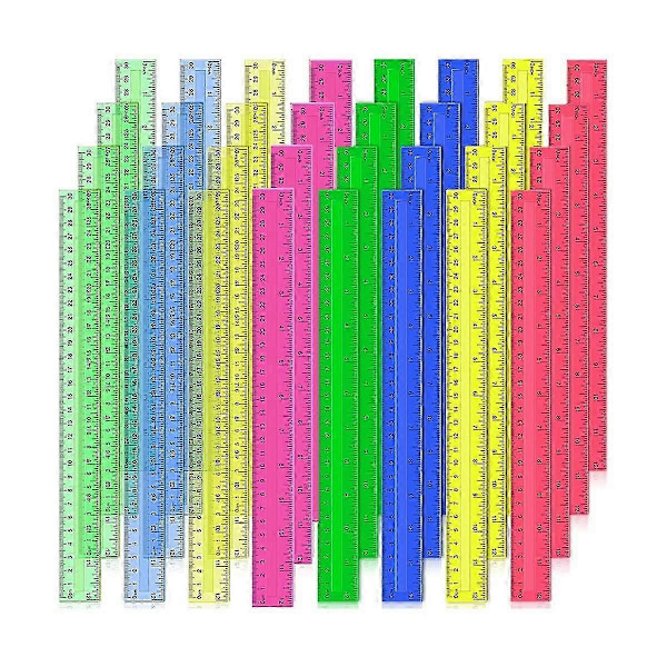 32 stk. 30 cm Plastlinealer Gennemsigtige Assorterede Farver med Centimeter og Tommer til Skolekontorartikler Bulkpakke