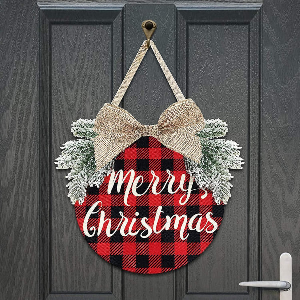 Julekranser til inngangsdør, julepynt Buffalo Plaid Tre Merry Christmas Skilt med lysslynge Hengende skilt til hjem Gårdshus P