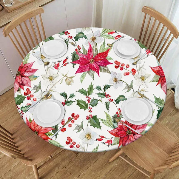 Jouluinen pöytäliina jouluruusuilla, joulutähdillä ja punaisilla marjoilla, koristeellinen joulupöytäliina loma-ajan kotiin, juhliin ja häihin Style 1 Suitable 140cm table