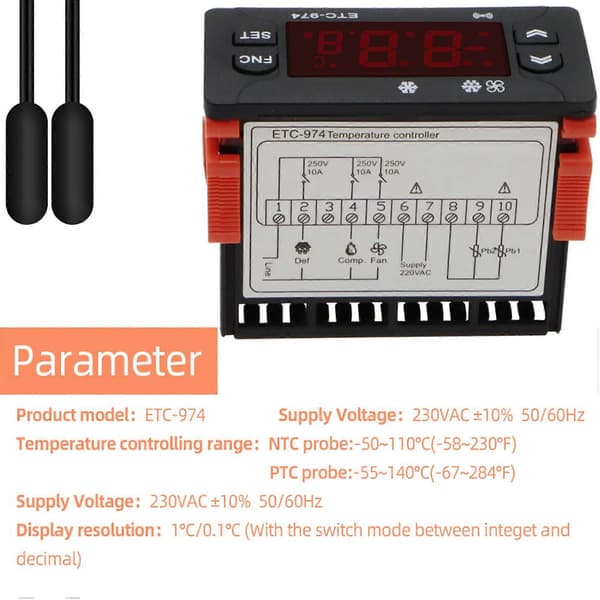 ETC-974 Digital Temperaturregulator Mikrocomputer Termostater Termostat Kølealarm 220V