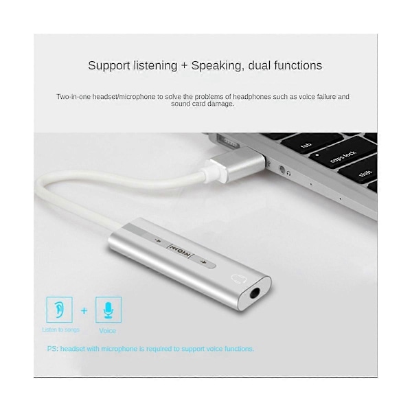 USB Eksternt Lydkort USB3.0 Til 3.5mm Jack Audio Mikrofon Hodetelefon Adapter for PC Laptop Lydkort Sølv