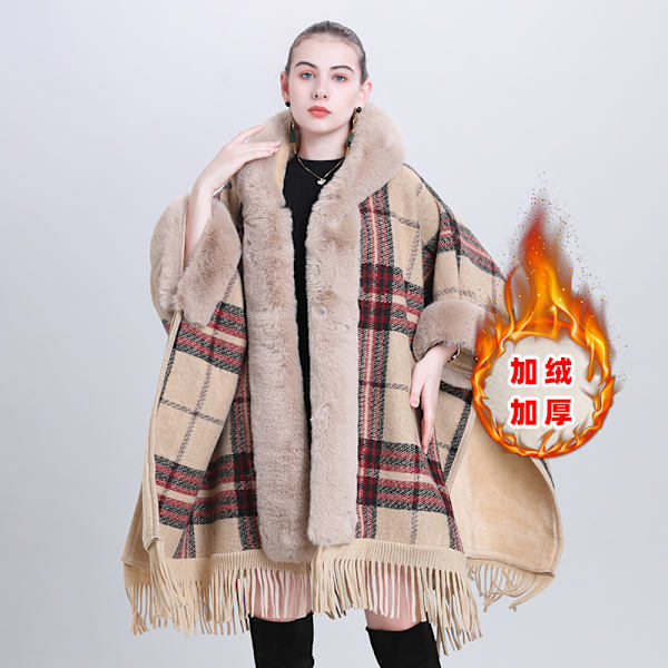 Höst- och vintertrendig cape sjal plus sammet förtjockad pälskrage rutig huva tofs stickad sjal cape Vertical red plus velvet 80-100cm