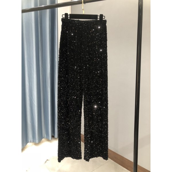 Dame Mode Trend Skinnende Guld Bukser Løse Høj Talje Brede Ben Bukser Kvinder Black silver strip S