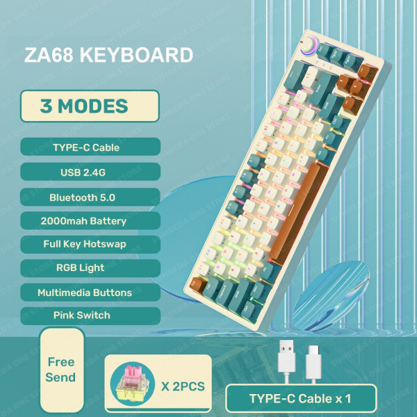 ZA68 Trådløst Mekanisk Gaming Tastatur 2.4G Bluetooth TYPE-C Kablet 3 Tilstande Hot Swap RGB Baggrundslys 68 Taster Green Three modes