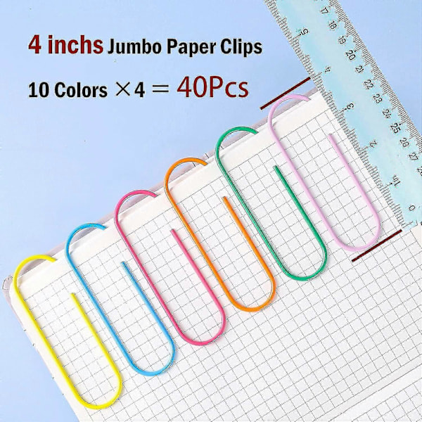 Jumbo Gem Paper Clips, 40 st 10 cm Stora Gem - Vinylbelagda Flerfärgade Extra Stora Mega Gem För Kontor Skola Dokumentorganisering