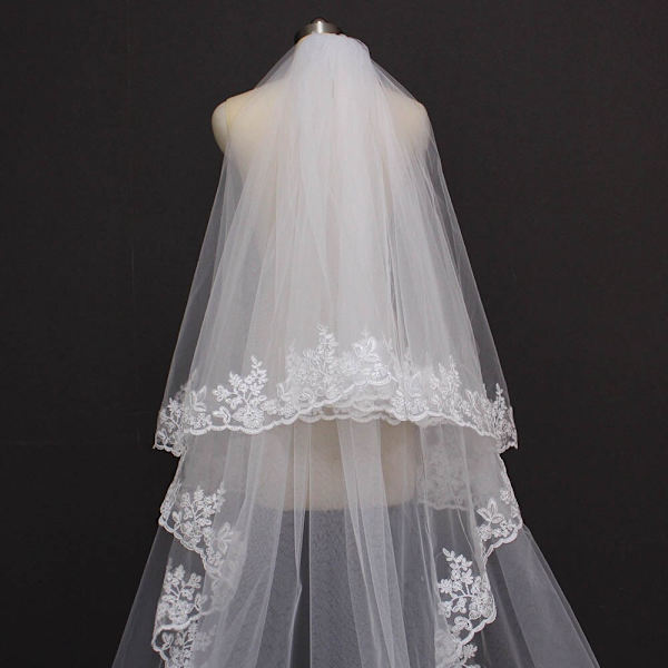 Spets Katedral 2 Lager Bröllopsklänning 3M Ansiktstäckning Brudslöja Blush Slöja Bröllopstillbehör Ivory 250cm