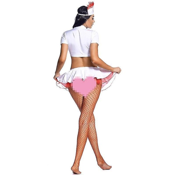 Valkoinen naisten seksikäs alusasu Sairaanhoitajan puku Cosplay Uniform Clubwear Top hame set Nauha ja sukkahousut M