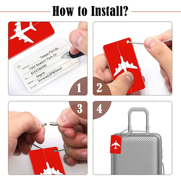 Bagagemerkelapper 6 stk. Koffertmerke i aluminiumslegering med rustfrie ståltråder og vanntette PVC-kort bagasjemerker