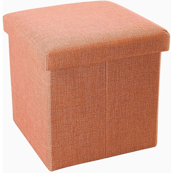 Foldbar puf 30x30x30 cm i mandarinorange Dekorativ opbevaringsboks i linned-look stof for at spare plads Skammel med opbevaring