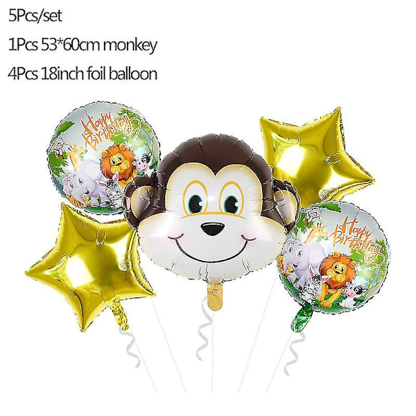 5 stk. Jungeldyr Tiger Løve Ape Zebra Giraff Ku Luft Helium Ballong Barn S monkey set