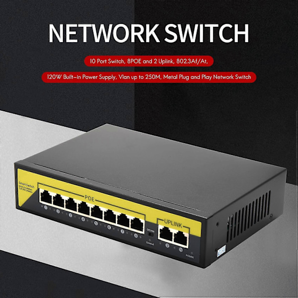 10 Port Switch, 8POE og 2 Uplink, 802.3Af/At, 120W Indbygget Strøm, Vlan Op Til 250M, Metal Plug & Sw