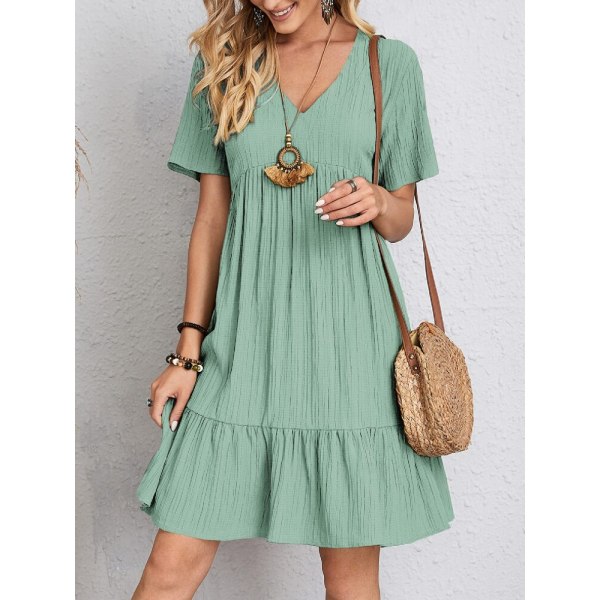 Dame Vintage Mini Kjole Sommer Mote Ensfarget V-hals Løs Knytekjole EA04632-Light green S