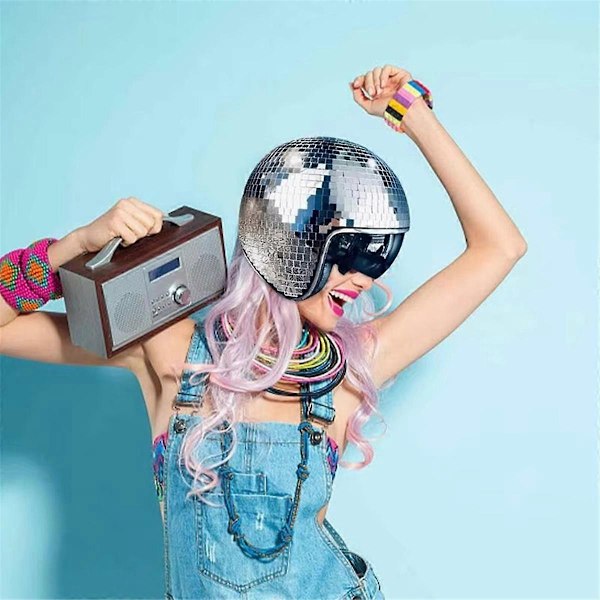 Disco Ball Hjälm Glitter Speglar Glas Punk Kostym Hatt med Infällbart Visir Disco Ball Hatt för B