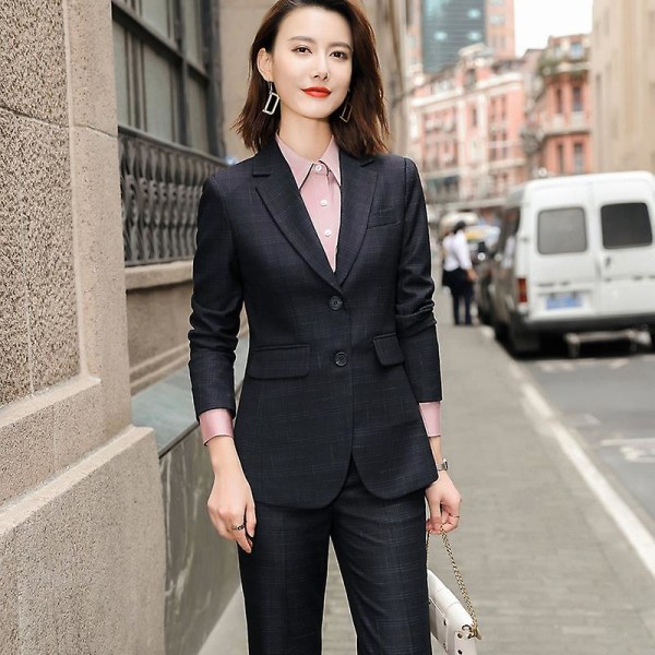 Rutete dresser dame Higt Eed formelt intervju business slank blazer og bukser kontordamer mote arbeidsklær Black Coat and pants 4XL