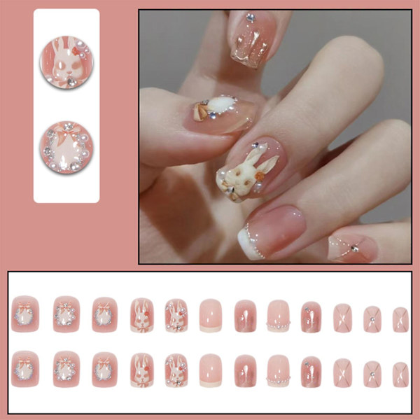 Återanvändbara 24 st Press On-naglar Vita kaniner Lösnaglar Rosa nagelkit med lim för DIY-manikyr hemma
