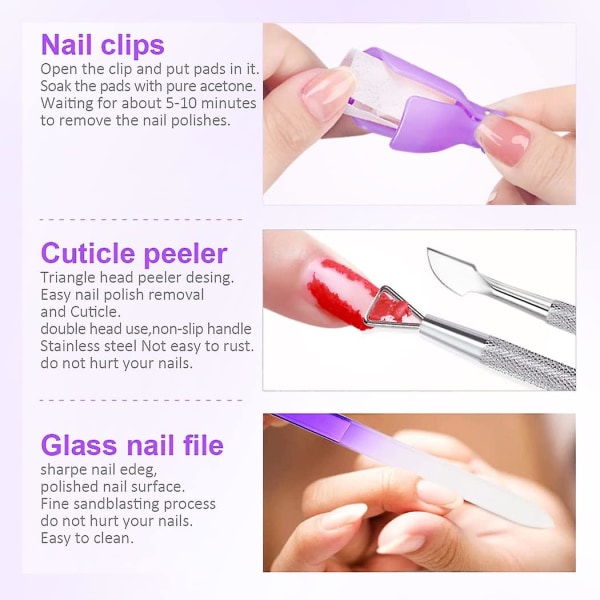 Hgbd-gel Remover Tool Kit med nagel- och tånagelklämmor, nagelbomullsdynor, nagelbandsskalare, nagelfilsverktyg för nagelborttagning av glas--