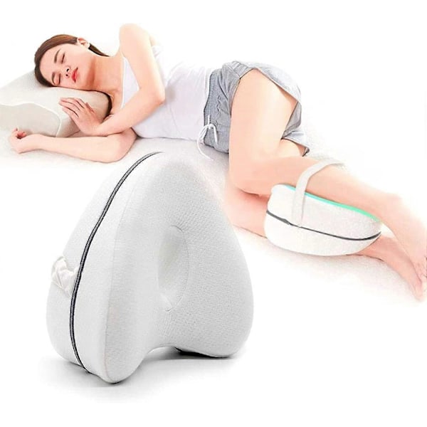 Vit Benkudde för män och kvinnor, i memory foam, för sidosovare, lindring av ischias, benvärk, höft