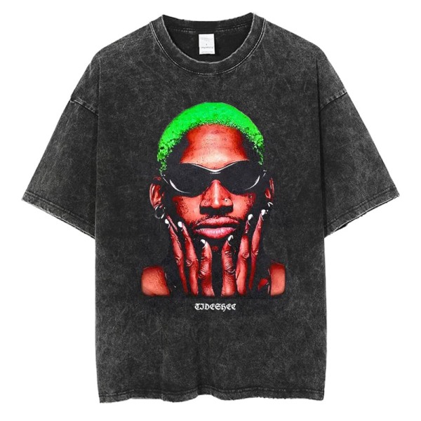 Dennis Rodman Grafisk T-skjorte Overdimensjonert sommer-herreklær Bomullsmote Hip Hop Street Kortermet T-skjorte W183-Black XL