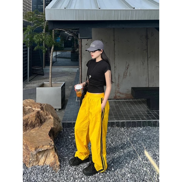 Deeptown Y2K Streetwear Gula träningsbyxor Dam Harajuku Hippie Träningsbyxor med vida ben Oversize Quick Dry Randiga joggingbyxor Yellow M