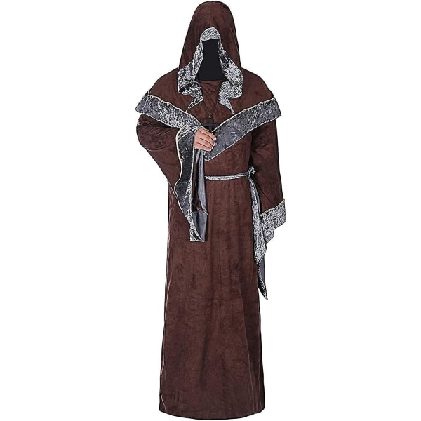 Mystic Sorcerer Robe Halloween Cosplay Kostymer För Män, Vuxen Medeltida Retro Uniform Vintage Renaissance Kläder Med Hooded Cape, Manlig Präst Outfit Brown XL