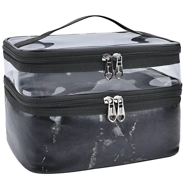 Makeup Tasker Dobbelt Lag Rejse Kosmetik Tasker Makeup Organizer Toilet Tasker (Sort marmor)