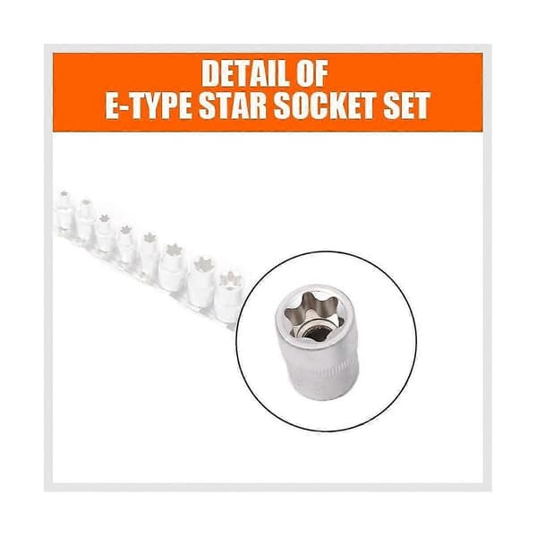 E-torx stjerne pipe sett for hunner med skinne 11 stk. E-torx stjerne pipe sett for hunner E4 - E20 moment pipe