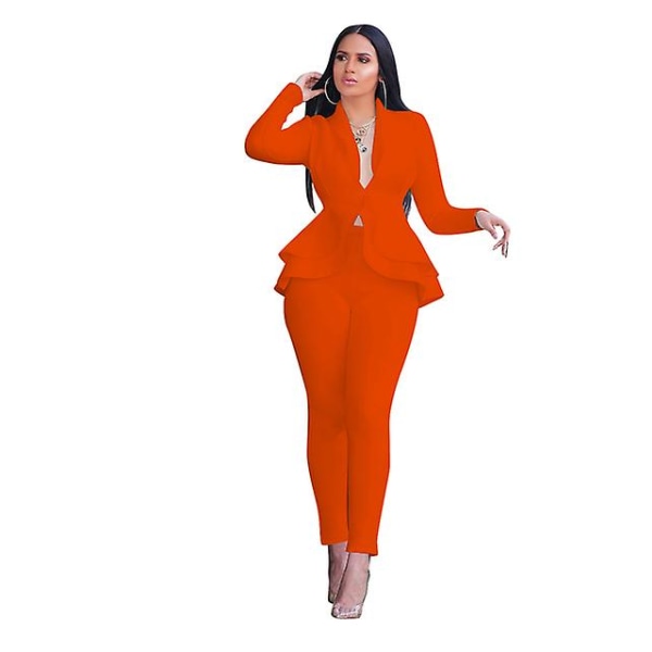 Dam Set Träningsoverall Helärm Volanger Kavaj Byxor Kostym Tvådelat Set Kontors Dam Business Wear Uniform Orange M