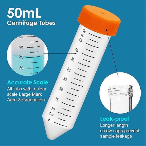 Koniska centrifugrör 50 ml, 25 st polypropenprovrör, läckagesäkra skruvlock, plastbehållare