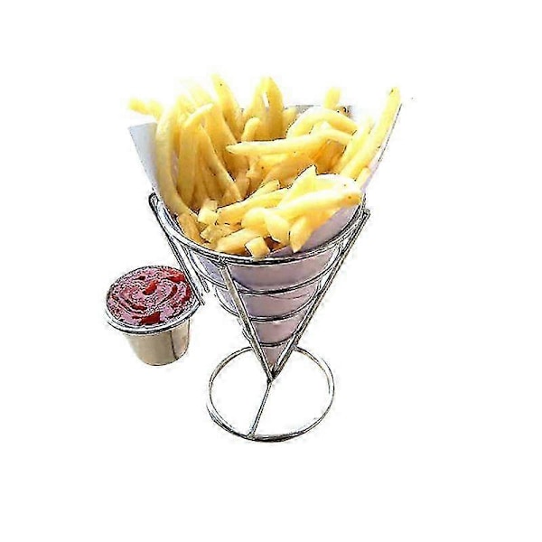 2 stk. Pommes Frites Stativ Kegle Kurv Fritureholder med Sauce Dyppere Metal Stegt Kylling Display Stativ Trådstativ