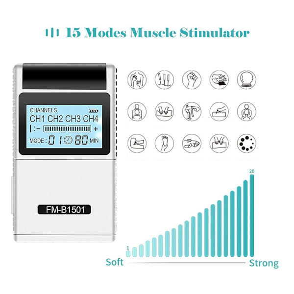 TENS EMS Muskelstimulator 15 Lägen & 4 Utgångar 8 Elektroder för Naturlig Smärtlindring Elektrisk Puls Impuls