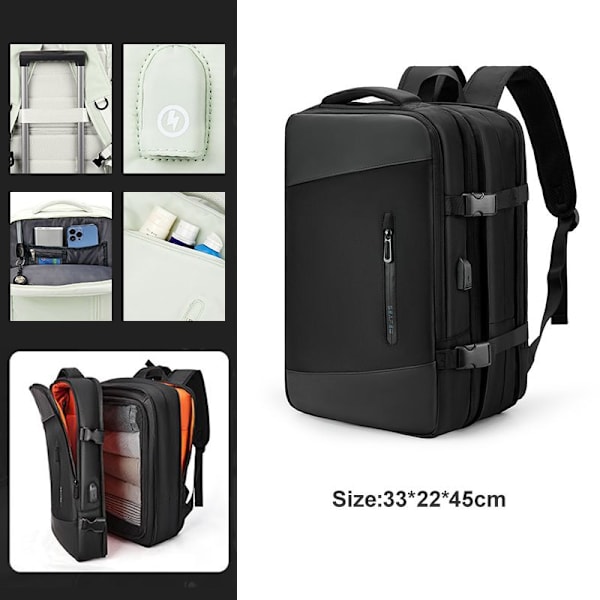 Uttrekkbar Reise Ryggsekk Unisex Laptopveske Dame Stor Duffelbag Herre Student Business Reise USB Lading Black