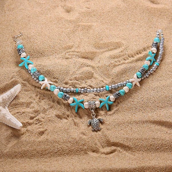 Anklet Women Tibetan Sterling Silver Strand Starfish Turtle Anklet Adjustable