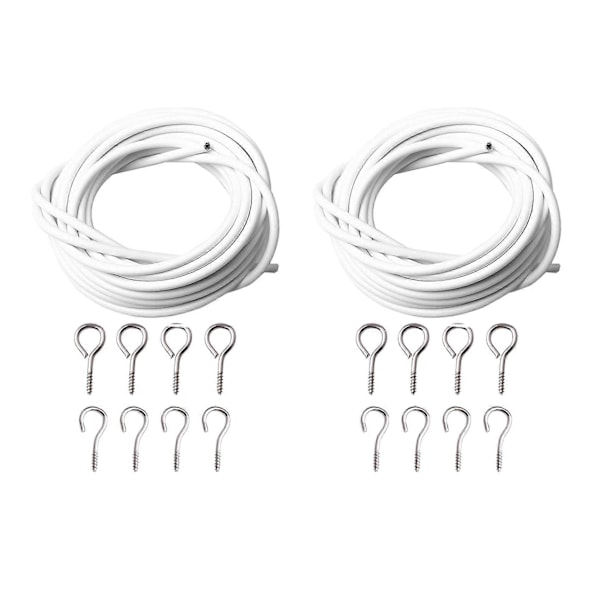 2X Gardinwire og Kroksett, 3 Meter Nettgardinwire med 8 stk Skruekroker for Nettgardinstang