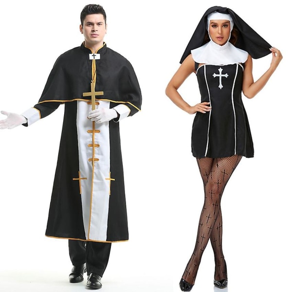 Par Halloween Dräkt För Kvinnor Män Medeltida Cosplay Präst Nunna Missionär Dräkt Kyrka Religiösa kloster Festklänning Women L