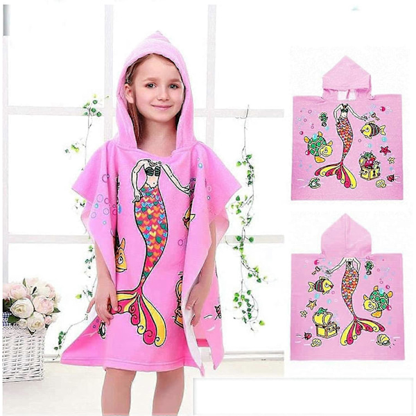 Badehette for barn, badekåpe for barn, badehåndkle for barn med hette, strandhåndkle med søte mønstre, allsidig bruk for barn i alderen 2-8 år (Havfrue)