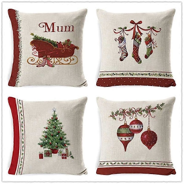 Juleputetrekk 45x45 Sett med 4 Dekorative Juleputetrekk Bomull og Lin Dekorative Putetrekk 45 x 45 cm for Soverom, Lurer, Stol, B