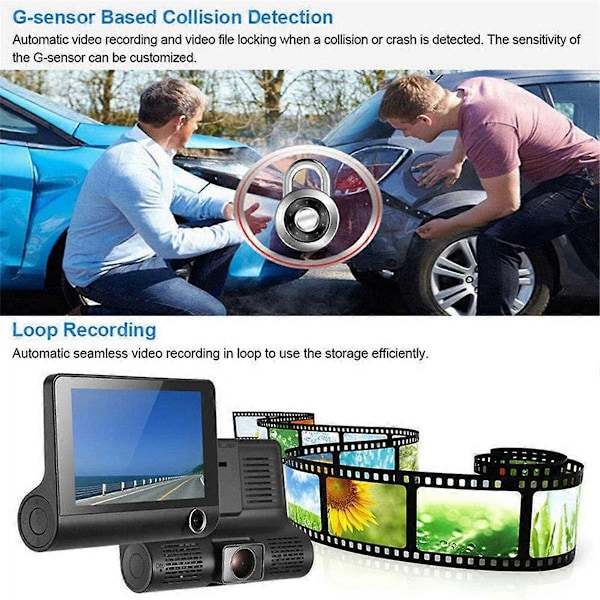 4 tuuman auton DVR-kojelaudan kamera HD-näyttö 1080P 3 linssin videonauhuri edestä + sisältä + takaa