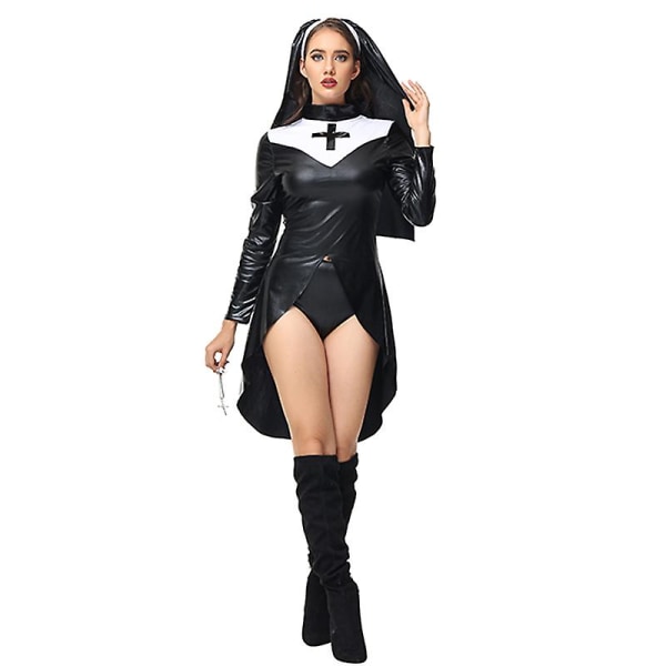 2023 Ny Halloween Kors Sort Nonne Kjole Kvinde Præst Rolle Spil Kjole Med Hårbånd Stram Sygeplejerske Uniform _iu M
