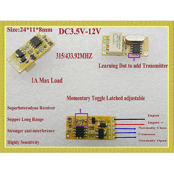 Rf-kaukosäädin kytkin 433mhz 4.2v 4.5v 5v 6v 7.4v 9v 12v Pieni relekontakti Langattomat kytkimet Ei Nc Mi