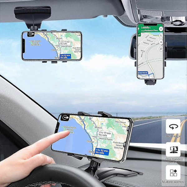 Biltelefonholder, Multifunksjonelt bil dashbord bakspeil med 360 justerbar fjærklemme, Passer for 3-7 tommers smarttelefoner