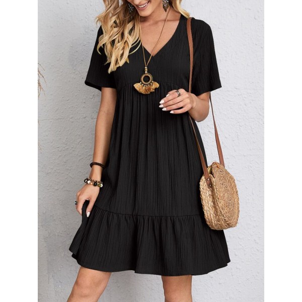 Dame Vintage Mini Kjole Sommer Mode Ensfarvet V-hals Løs Bindekjole EA04632-Black 3XL