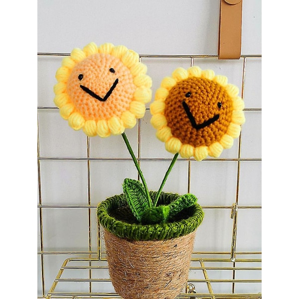 Käsintehty neulottu kukka keinotekoinen kudottu ruukkukasvi lanka monivärinen luovuus käsintehty 2 Sunflowers