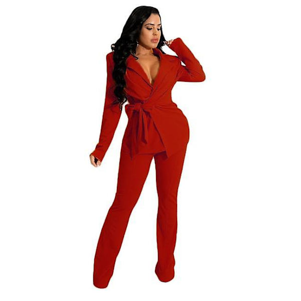 Suit Dame Jakkesæt 2 Dele Sæt Dame Buksesæt Kontortøj Kvinde Business Casual Kvindelige Outfits To Dele Sæt red L