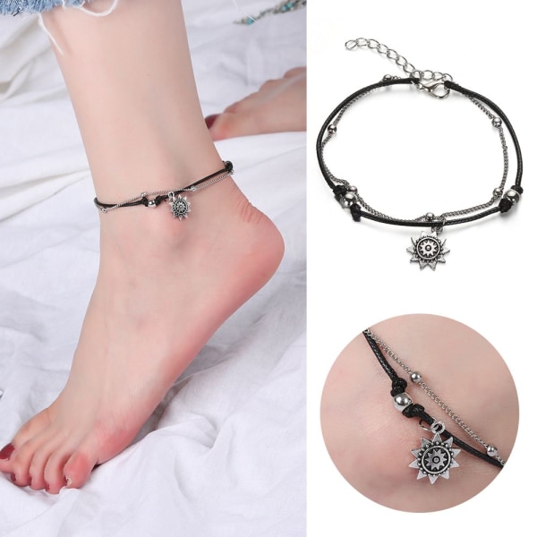 Retro Boho Multilayer Perle Anklet Sommer Strand Kvinder Mode Sol Vedhæng Anklet C