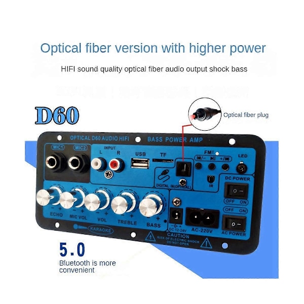 D60 50W Subwoofer Effektförstärkarkort med Optiskt Ljud 12V24V220V Bluetooth Ljudförstärkare Boa