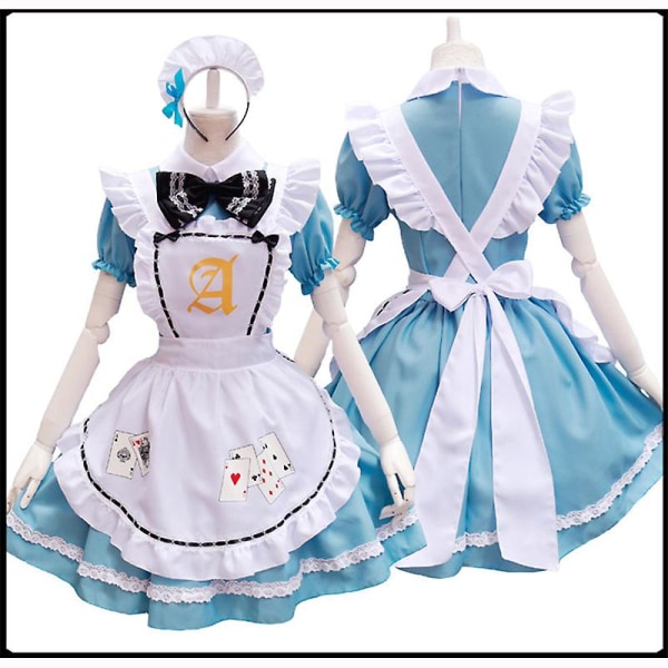 Blå Alice Spillekort Lolita Maid Dress Kostymer Cosplay For Jenter Kvinne Servitør Alice Poker Maid Party Scene Costume L